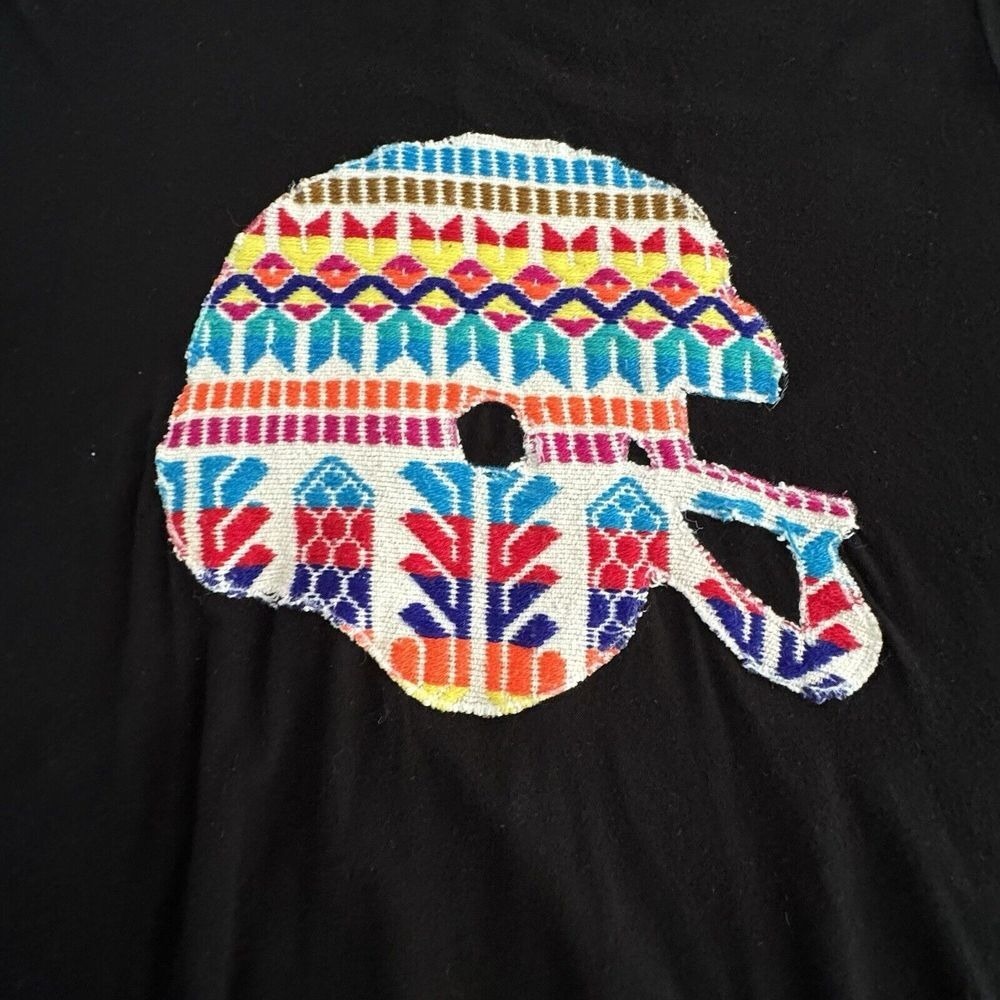 Judith March Womens M Black Embroidered Aztec Football Helmet‎ Boho Tee Top